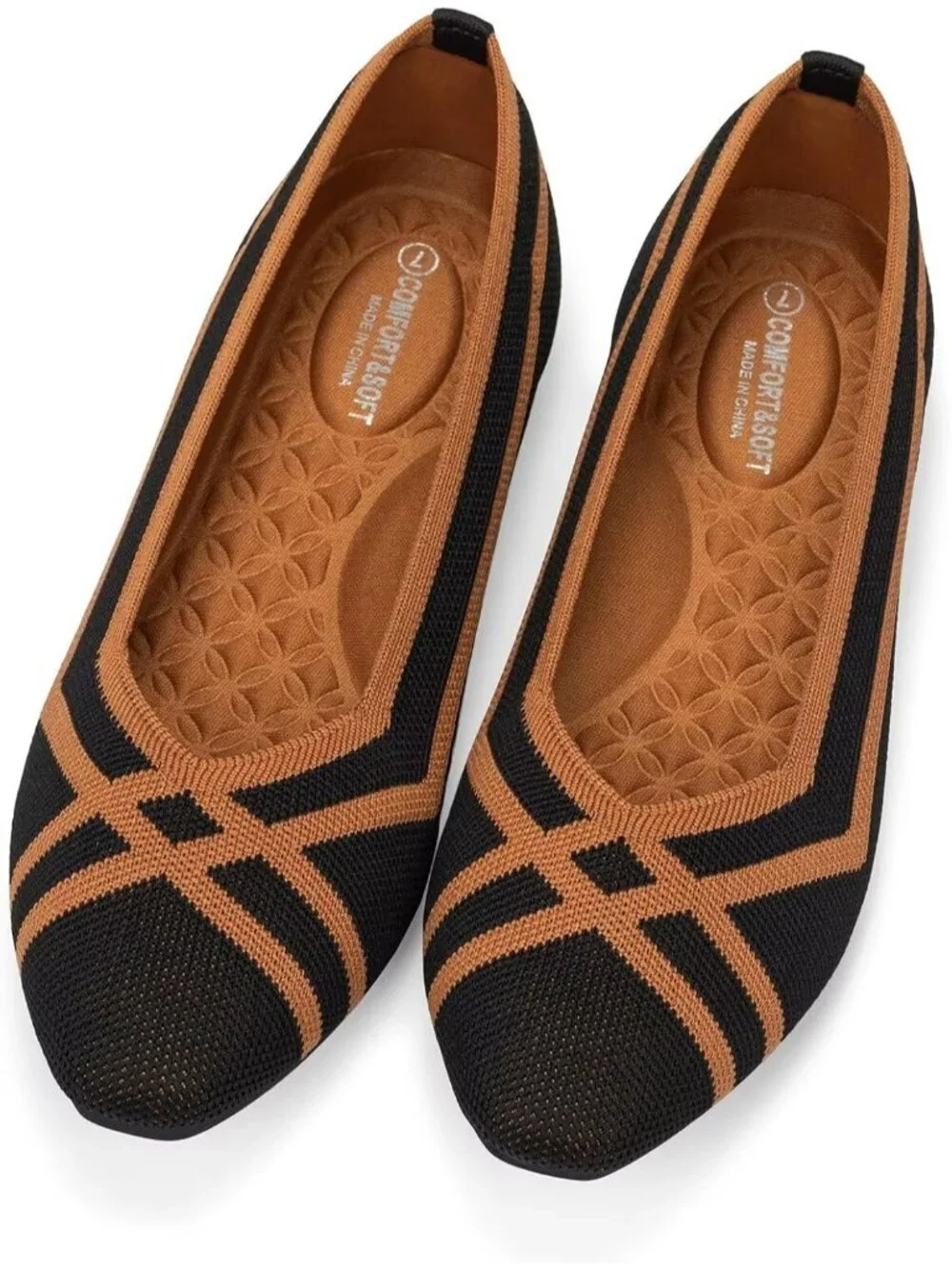 Frank Mully Women's Black Orange Rubber Knit Square Toe Comfortable Slip On Flat